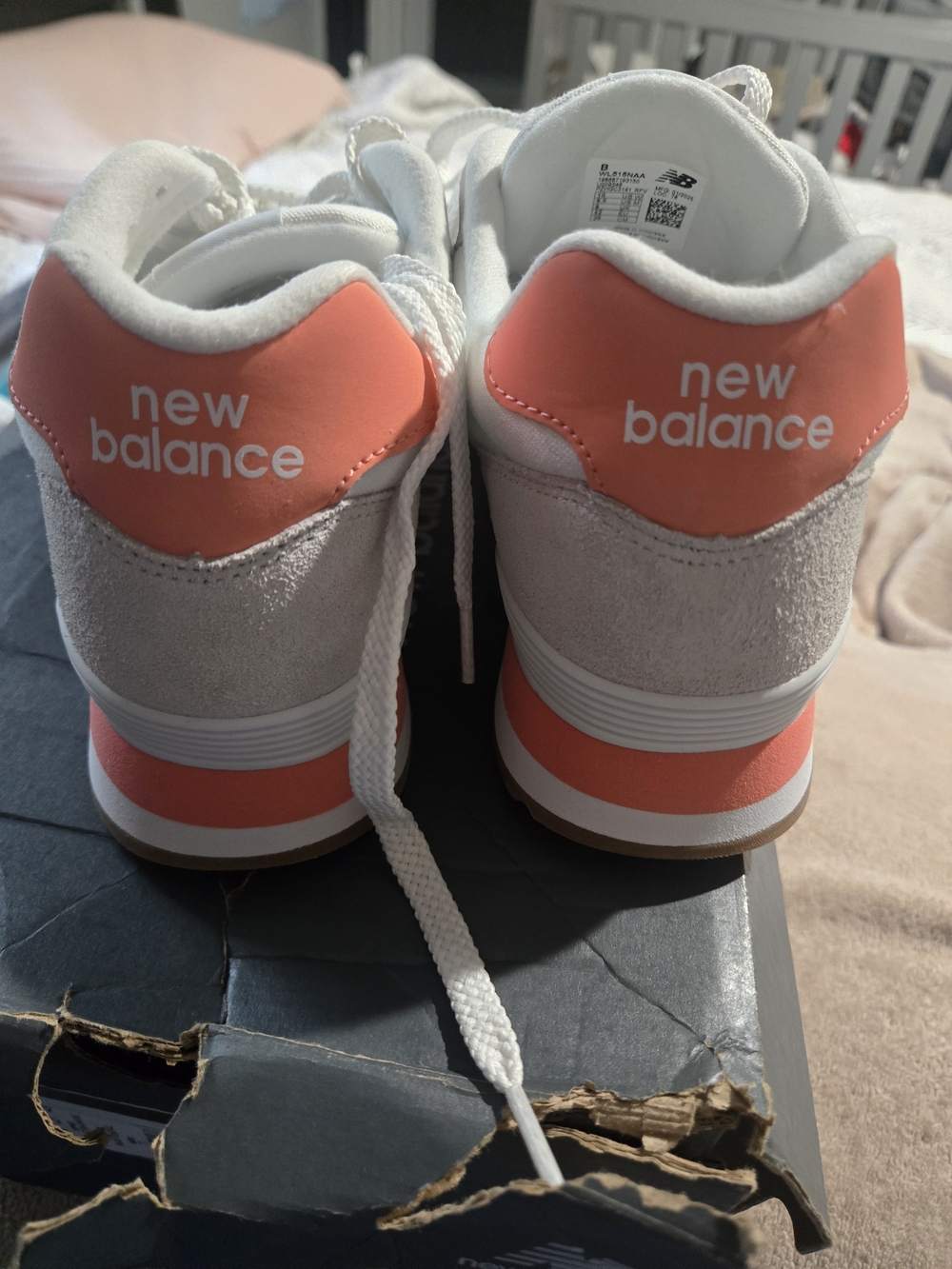 New Balance 515 White Sneakers with Coral Logo Accent - Picture 9 of 13